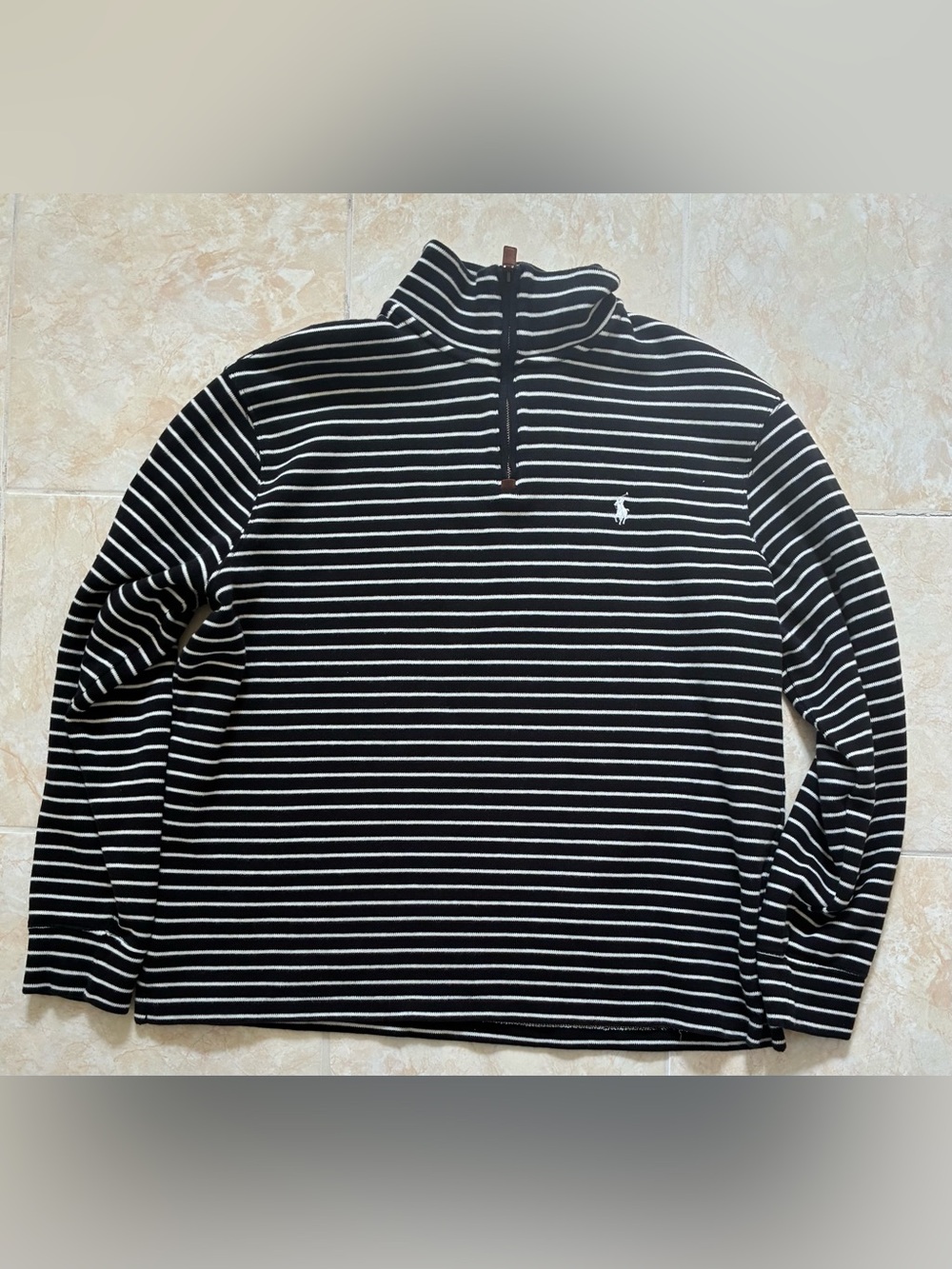 Ralph Lauren Black and White Striped Quarter-Zip Sweater